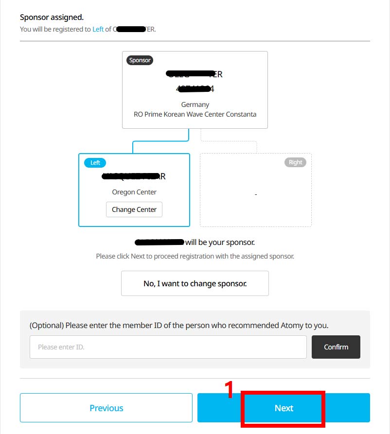 UI screen showing sponsor assignment flow: left center highlighted with a 'Change Center' option and a 'Next' button on the bottom right.